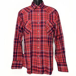 Vintage Karman Shirt Men Large Check Red Plaid Pearl Snap Western Cowboy 80s USA